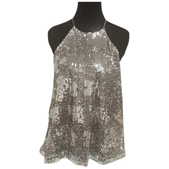 Zara TRF Silver Sequin Halter Top | Large | Back Button Neck Closure | NWOT - Picture 5 of 13